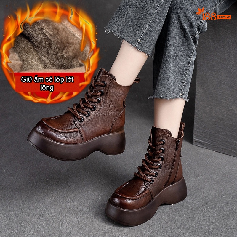 Boot Nữ Da Bò Lót Lông Chiều Cao Đế Khoảng 5cm Khóa Bên Màu Đen, Nâu