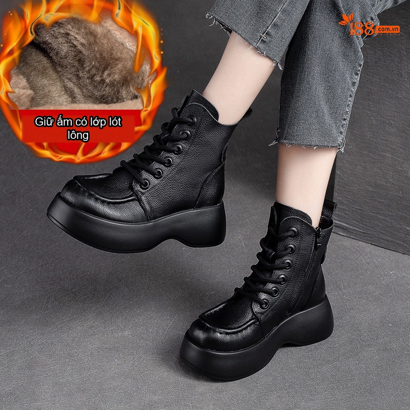 Boot Nữ Da Bò Lót Lông Chiều Cao Đế Khoảng 5cm Khóa Bên Màu Đen, Nâu