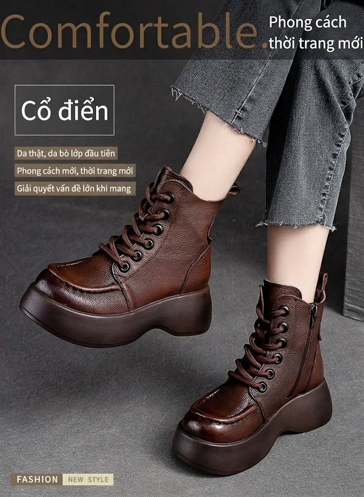Boot Nữ Da Bò Lót Lông Chiều Cao Đế Khoảng 5cm Khóa Bên Màu Đen, Nâu chi tiết 2