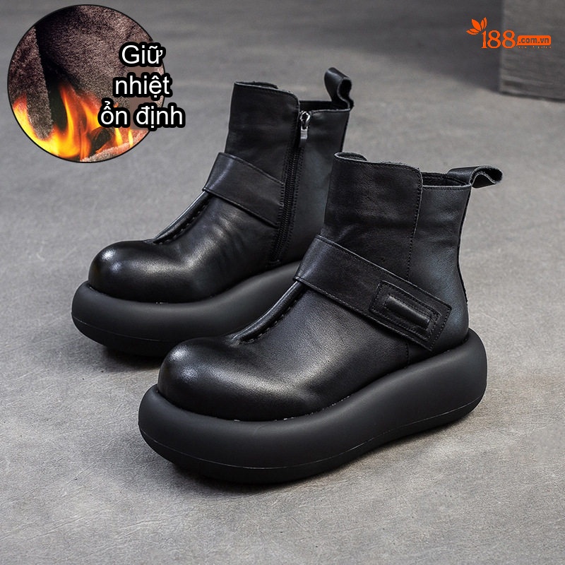 Boot Nữ Da Bò Lót Lông Chiều Cao Đế Khoảng 5cm Màu Đen, Nâu