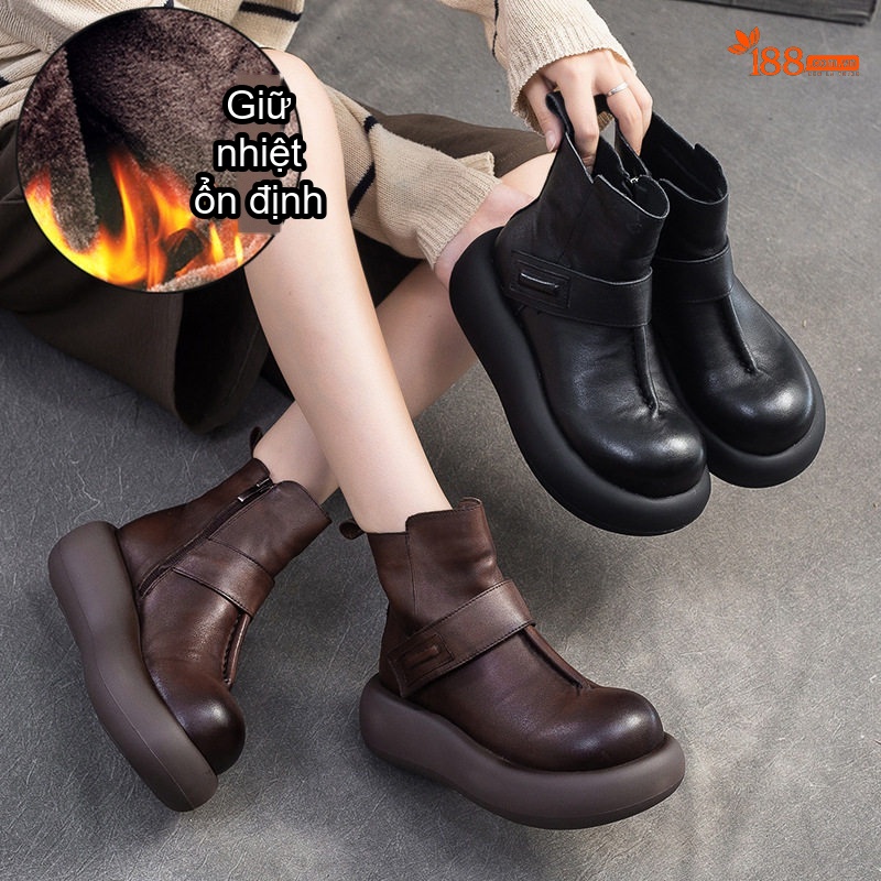 Boot Nữ Da Bò Lót Lông Chiều Cao Đế Khoảng 5cm Màu Đen, Nâu