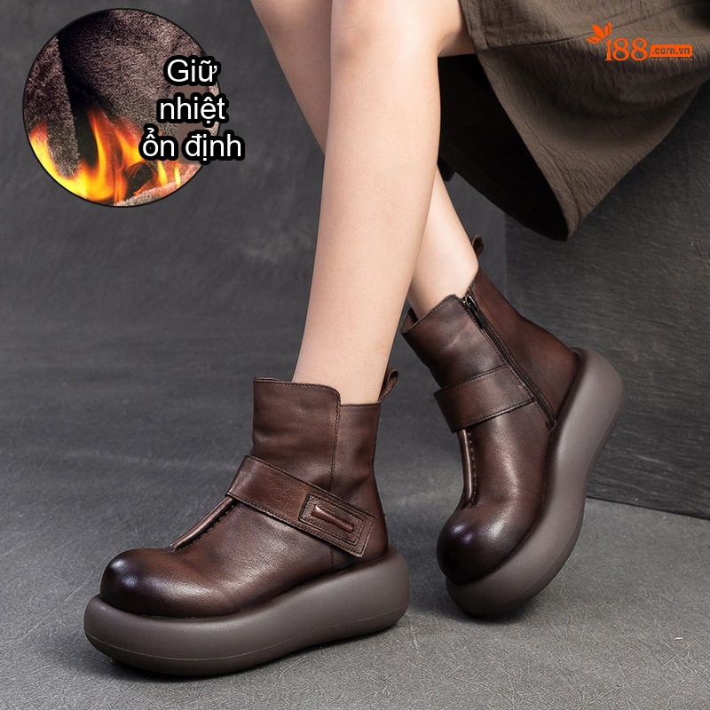 Boot Nữ Da Bò Lót Lông Chiều Cao Đế Khoảng 5cm Màu Đen, Nâu