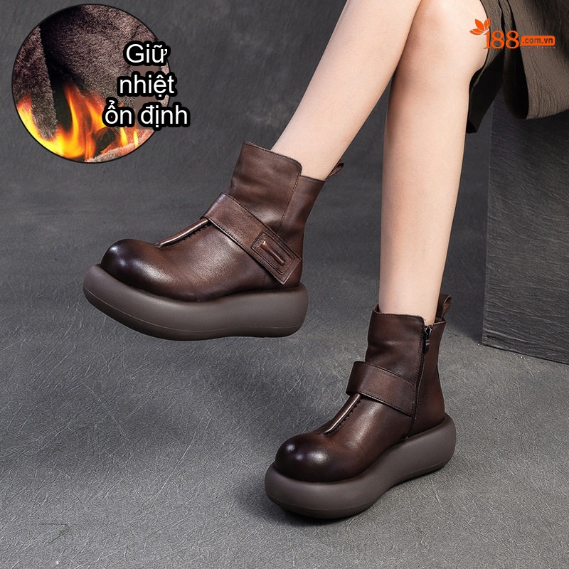 Boot Nữ Da Bò Lót Lông Chiều Cao Đế Khoảng 5cm Màu Đen, Nâu