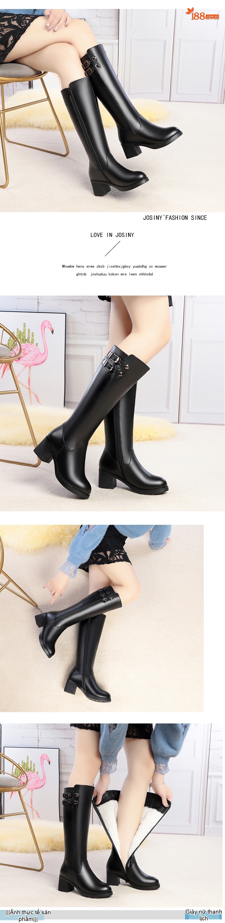 Boot Nữ Da Bò Lót Lông Cừu Non Cổ Cao Gót Vuông Chiều Cao Đế Khoảng 5cm Màu Đen chi tiết 4