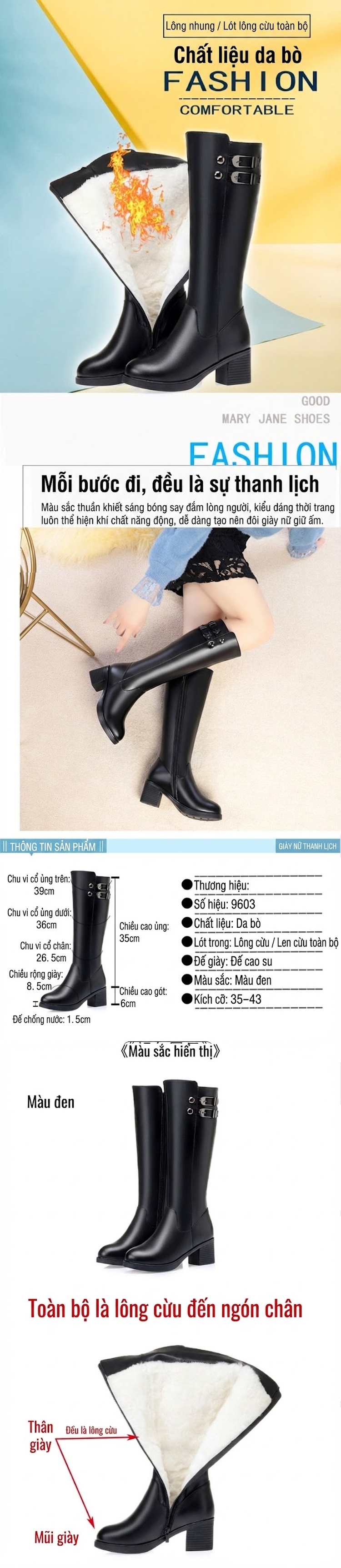 Boot Nữ Da Bò Lót Lông Cừu Non Cổ Cao Gót Vuông Chiều Cao Đế Khoảng 5cm Màu Đen chi tiết 1