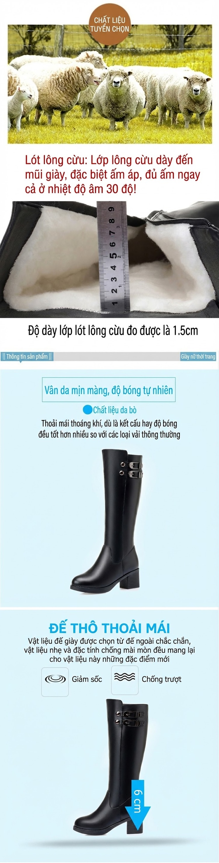 Boot Nữ Da Bò Lót Lông Cừu Non Cổ Cao Gót Vuông Chiều Cao Đế Khoảng 5cm Màu Đen chi tiết 2