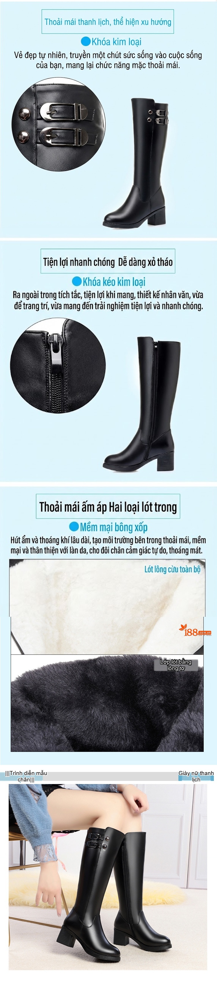 Boot Nữ Da Bò Lót Lông Cừu Non Cổ Cao Gót Vuông Chiều Cao Đế Khoảng 5cm Màu Đen chi tiết 3