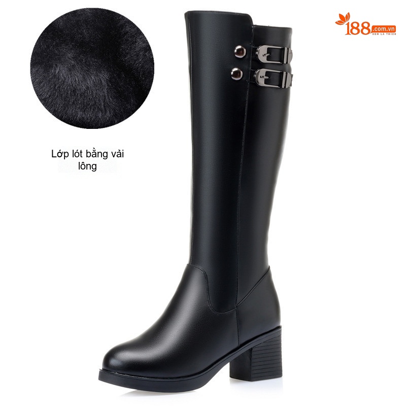Boot Nữ Da Bò Lót Lông Cừu Non Cổ Cao Gót Vuông Chiều Cao Đế Khoảng 5cm Màu Đen