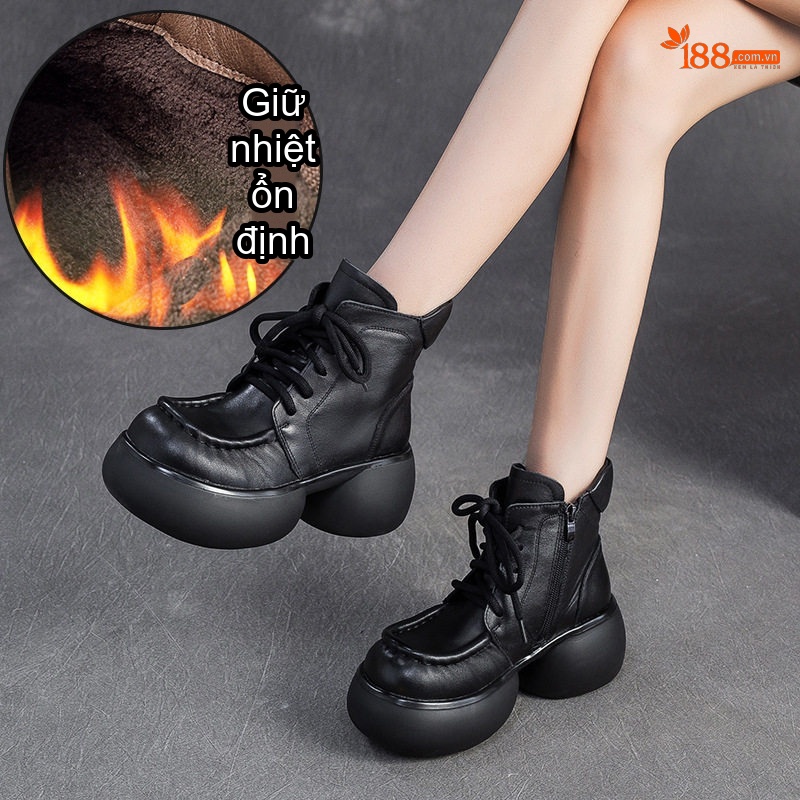 Boot Nữ Da Bò Lót Lông Giữ Ấm Phong Cách Anh Quốc Cổ Điển Chiều Cao Đế Khoảng 6cm Màu Đen, Nâu