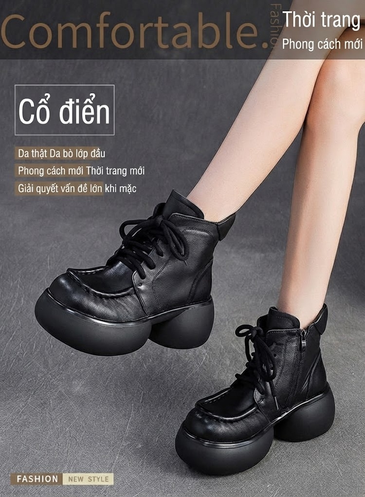 Boot Nữ Da Bò Lót Lông Giữ Ấm Phong Cách Anh Quốc Cổ Điển Chiều Cao Đế Khoảng 6cm Màu Đen, Nâu chi tiết 1
