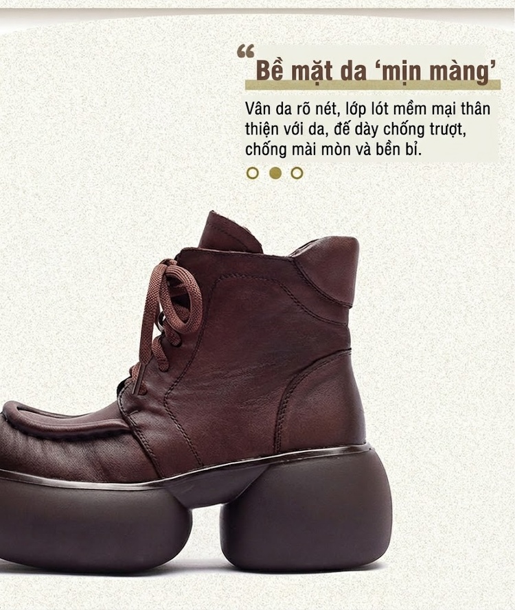 Boot Nữ Da Bò Lót Lông Giữ Ấm Phong Cách Anh Quốc Cổ Điển Chiều Cao Đế Khoảng 6cm Màu Đen, Nâu chi tiết 2