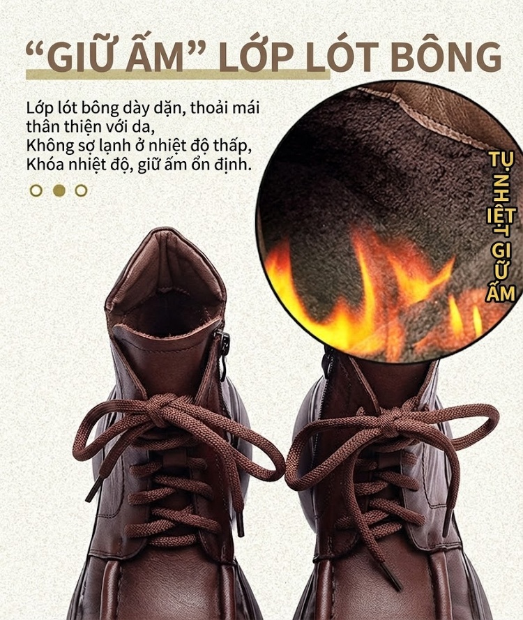 Boot Nữ Da Bò Lót Lông Giữ Ấm Phong Cách Anh Quốc Cổ Điển Chiều Cao Đế Khoảng 6cm Màu Đen, Nâu chi tiết 5