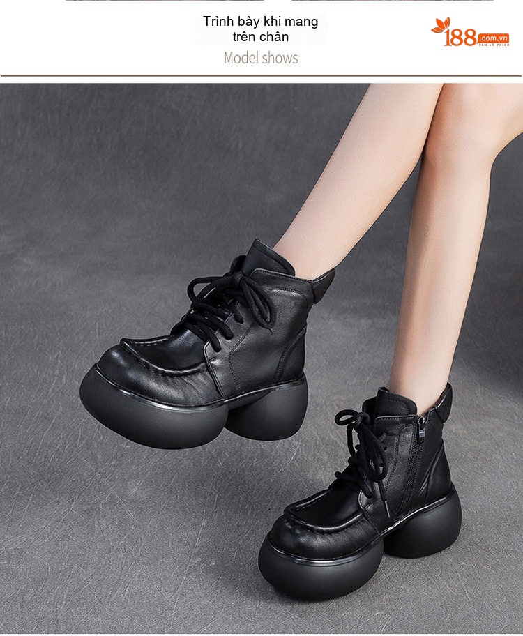 Boot Nữ Da Bò Lót Lông Giữ Ấm Phong Cách Anh Quốc Cổ Điển Chiều Cao Đế Khoảng 6cm Màu Đen, Nâu chi tiết 6