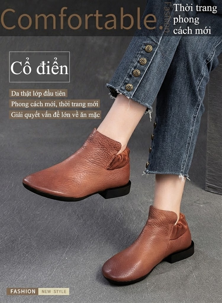 Boot Nữ Da Bò Mềm Mại Chiều Cao Đế Khoảng 2cm Phong Cách Retro Màu Đen, Nâu chi tiết 2