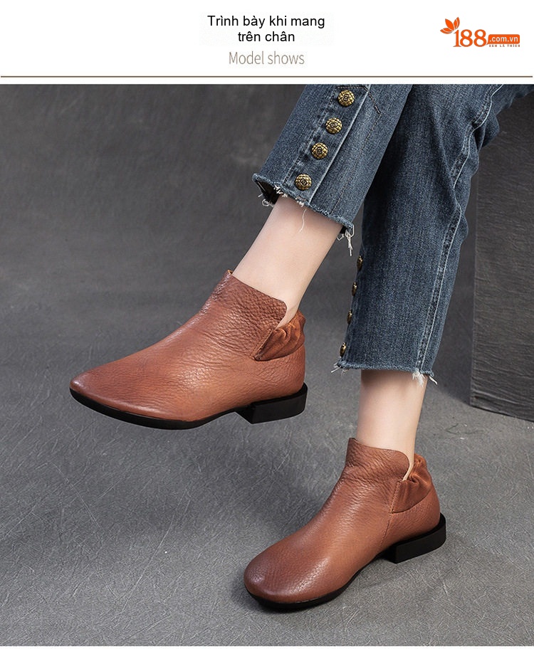 Boot Nữ Da Bò Mềm Mại Chiều Cao Đế Khoảng 2cm Phong Cách Retro Màu Đen, Nâu chi tiết 7