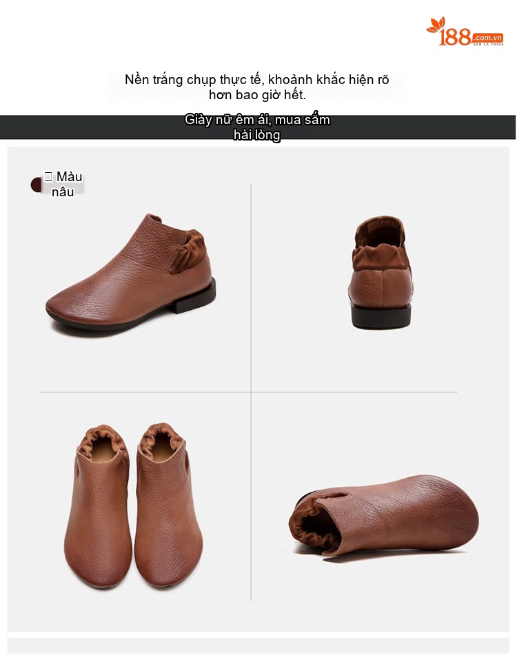 Boot Nữ Da Bò Mềm Mại Chiều Cao Đế Khoảng 2cm Phong Cách Retro Màu Đen, Nâu chi tiết 16