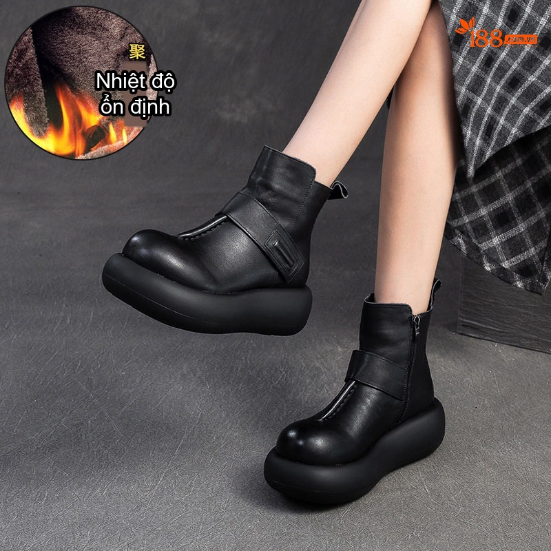 Boot Nữ Da Bò Mũi Tròn Đế Dày Hàn Quốc Chiều Cao Đế Khoảng 5cm Màu Đen, Nâu