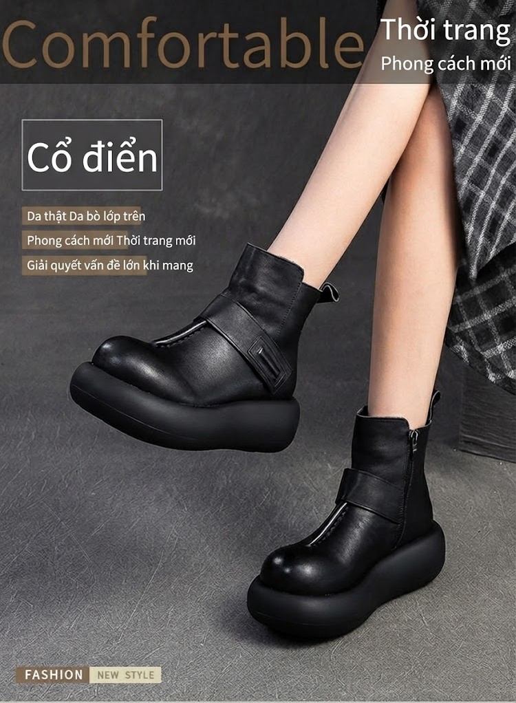 Boot Nữ Da Bò Mũi Tròn Đế Dày Hàn Quốc Chiều Cao Đế Khoảng 5cm Màu Đen, Nâu chi tiết 1