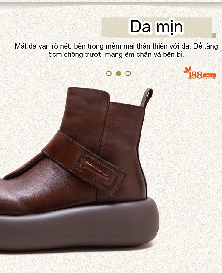 Boot Nữ Da Bò Mũi Tròn Đế Dày Hàn Quốc Chiều Cao Đế Khoảng 5cm Màu Đen, Nâu chi tiết 3