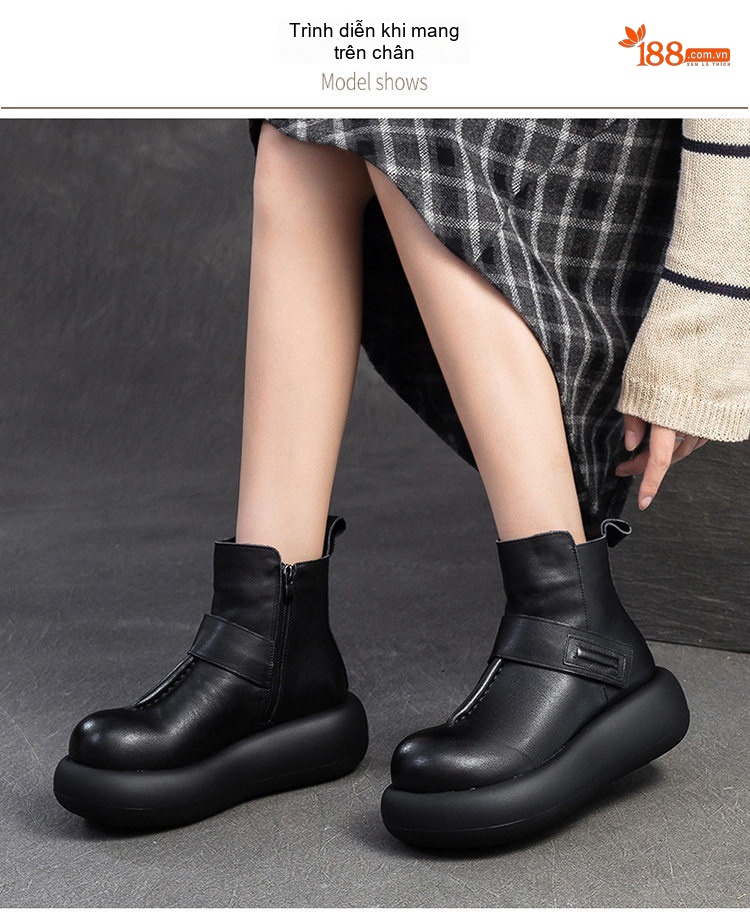 Boot Nữ Da Bò Mũi Tròn Đế Dày Hàn Quốc Chiều Cao Đế Khoảng 5cm Màu Đen, Nâu chi tiết 8