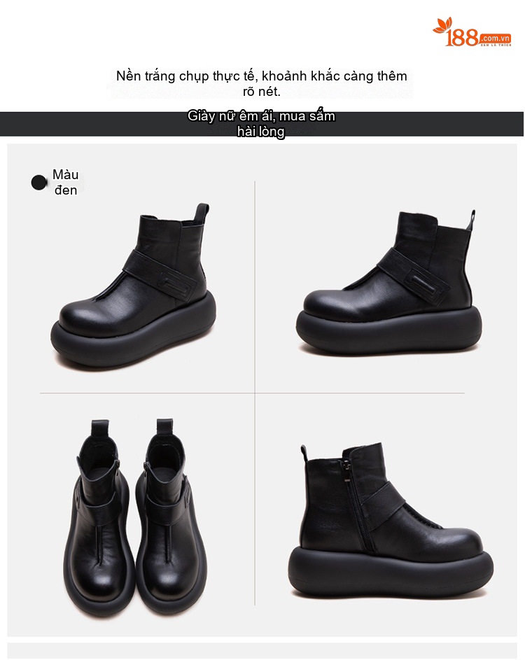 Boot Nữ Da Bò Mũi Tròn Đế Dày Hàn Quốc Chiều Cao Đế Khoảng 5cm Màu Đen, Nâu chi tiết 17