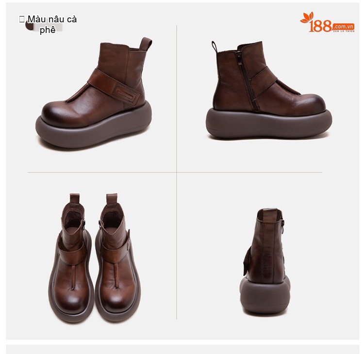 Boot Nữ Da Bò Mũi Tròn Đế Dày Hàn Quốc Chiều Cao Đế Khoảng 5cm Màu Đen, Nâu chi tiết 18