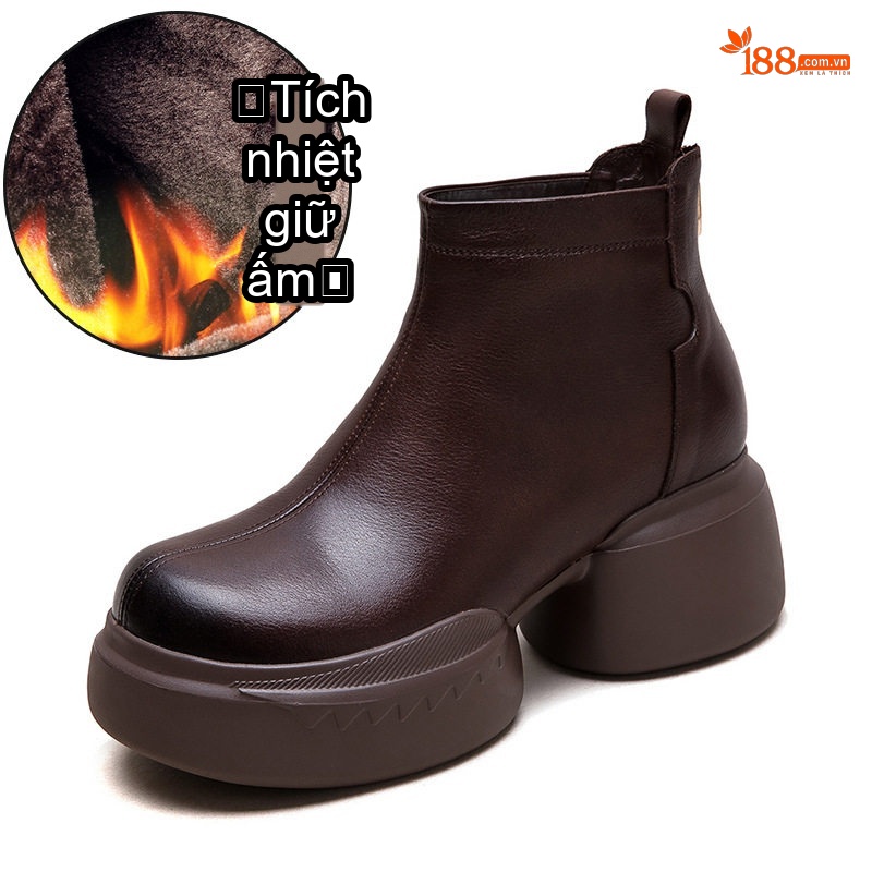 Boot Nữ Da Bò Mũi Tròn Gót Vuông Khóa Kéo Sau Chiều Cao Đế Khoảng 6cm Màu Đen, Nâu