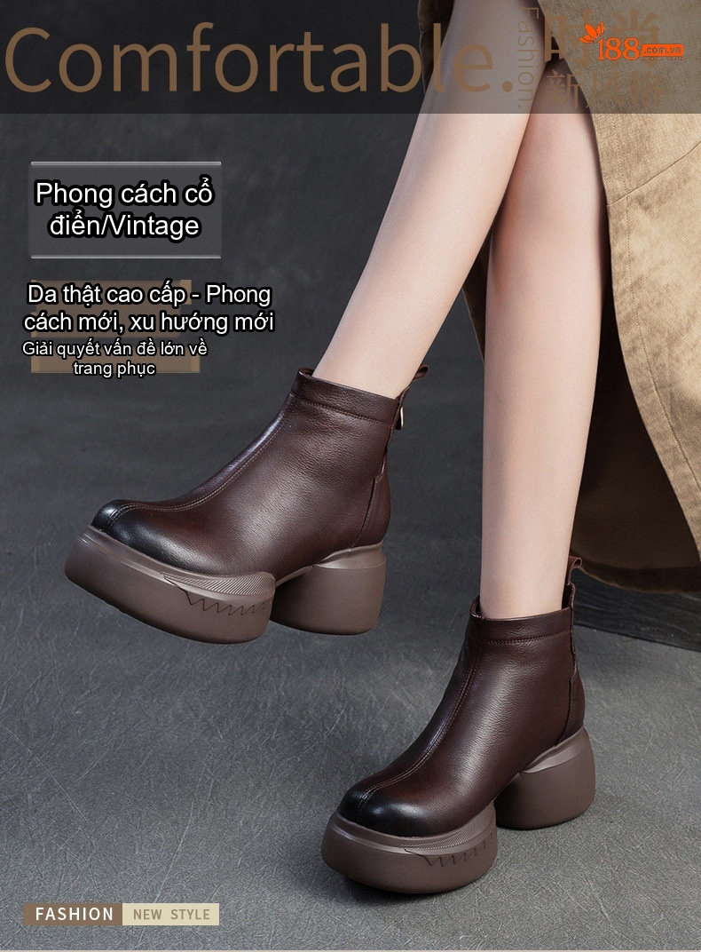 Boot Nữ Da Bò Mũi Tròn Gót Vuông Khóa Kéo Sau Chiều Cao Đế Khoảng 6cm Màu Đen, Nâu chi tiết 1