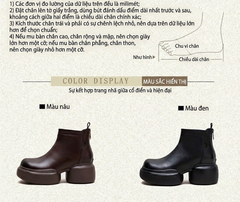 Boot Nữ Da Bò Mũi Tròn Gót Vuông Khóa Kéo Sau Chiều Cao Đế Khoảng 6cm Màu Đen, Nâu chi tiết 2