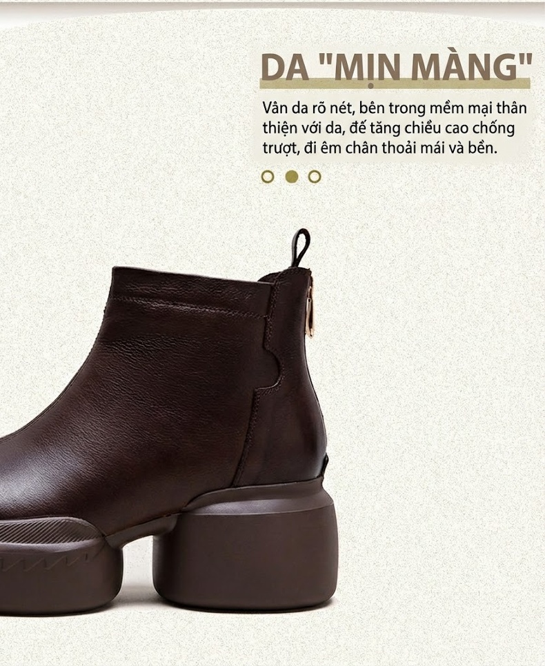 Boot Nữ Da Bò Mũi Tròn Gót Vuông Khóa Kéo Sau Chiều Cao Đế Khoảng 6cm Màu Đen, Nâu chi tiết 3