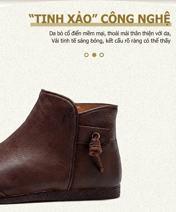 Boot Nữ Da Bò Thủ Công Cổ Điển Khóa Kéo Bên Chiều Cao Đế Khoảng 1cm Màu Nâu chi tiết 2
