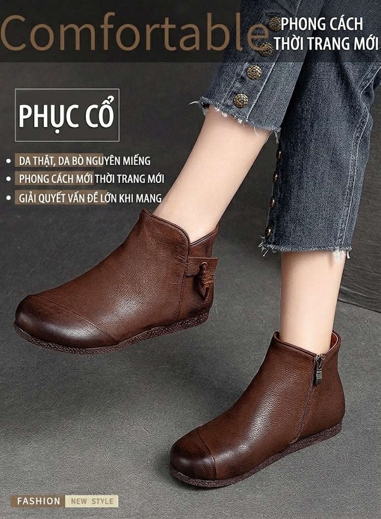 Boot Nữ Da Bò Thủ Công Cổ Điển Khóa Kéo Bên Chiều Cao Đế Khoảng 1cm Màu Nâu chi tiết 1