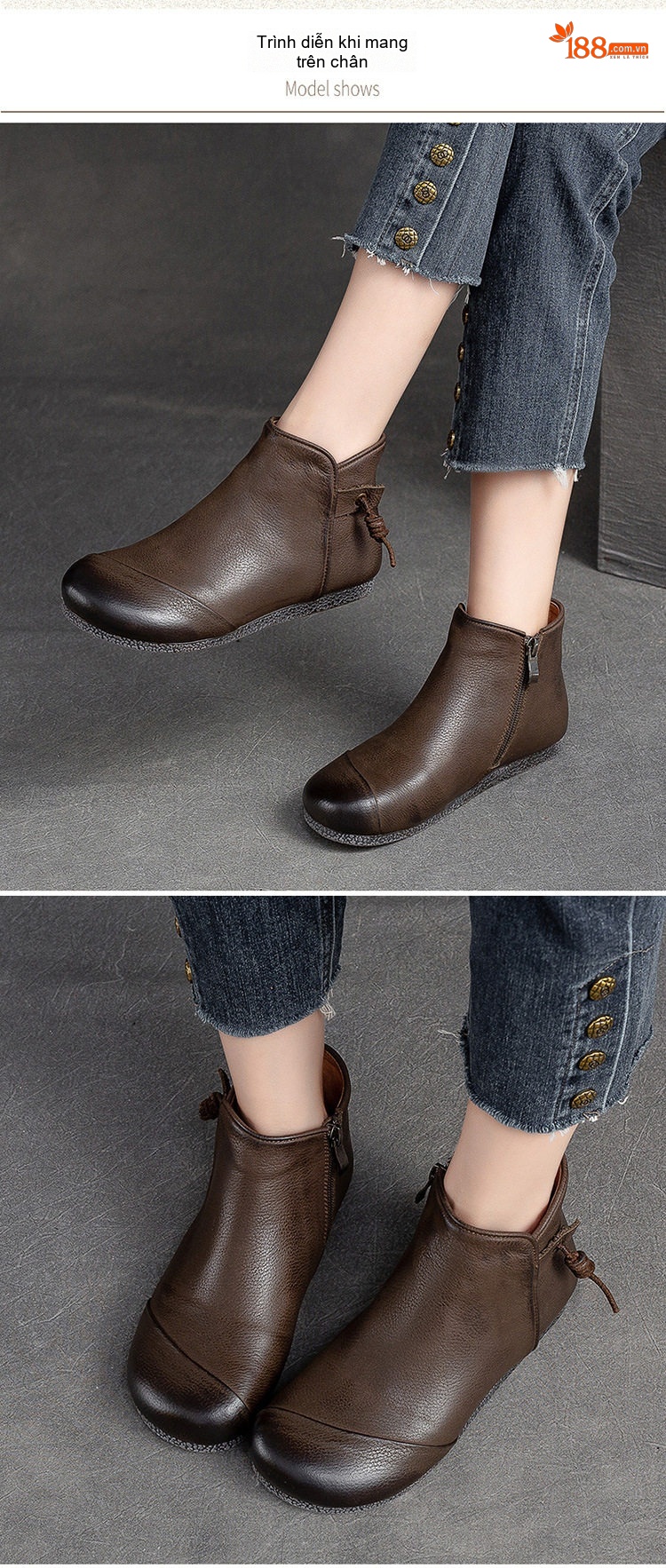 Boot Nữ Da Bò Thủ Công Cổ Điển Khóa Kéo Bên Chiều Cao Đế Khoảng 1cm Màu Nâu chi tiết 6