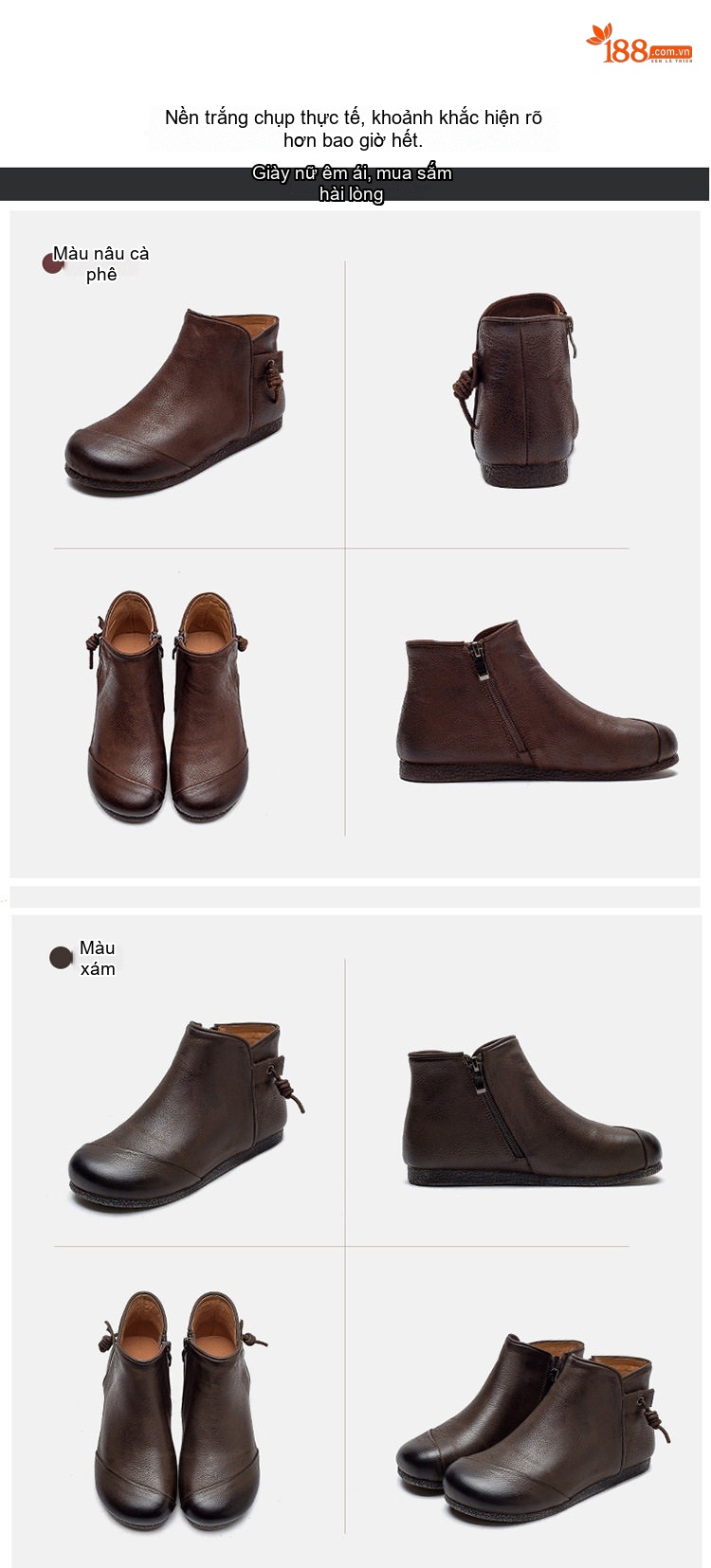 Boot Nữ Da Bò Thủ Công Cổ Điển Khóa Kéo Bên Chiều Cao Đế Khoảng 1cm Màu Nâu chi tiết 13