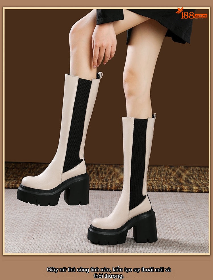 Boot Nữ Da Bóng Chelsea Cổ Cao Đế Dày 12cm Màu Đen, Kem chi tiết 7