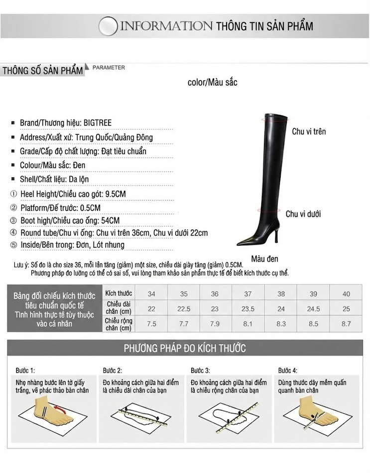 Boot Nữ Da Bóng Cổ Cao Quá Gối Gót Nhọn Chiều Cao Đế Khoảng 8cm Màu Đen chi tiết 1