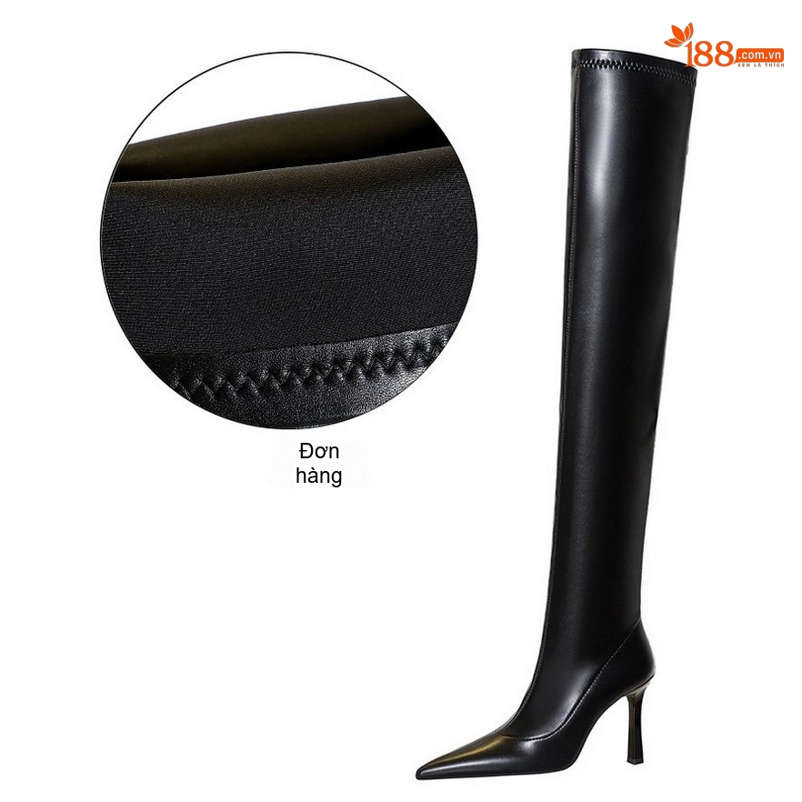 Boot Nữ Da Bóng Cổ Cao Quá Gối Gót Nhọn Chiều Cao Đế Khoảng 8cm Màu Đen