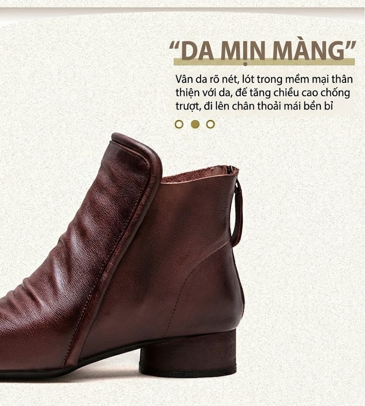 Boot Nữ Da Bóng Cổ Lửng Gót Vuông Chiều Cao Đế Khoảng 3cm Phong Cách Retro Màu Đen, Nâu Đỏ chi tiết 4