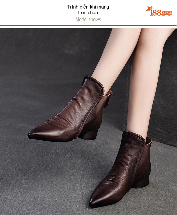 Boot Nữ Da Bóng Cổ Lửng Gót Vuông Chiều Cao Đế Khoảng 3cm Phong Cách Retro Màu Đen, Nâu Đỏ chi tiết 9