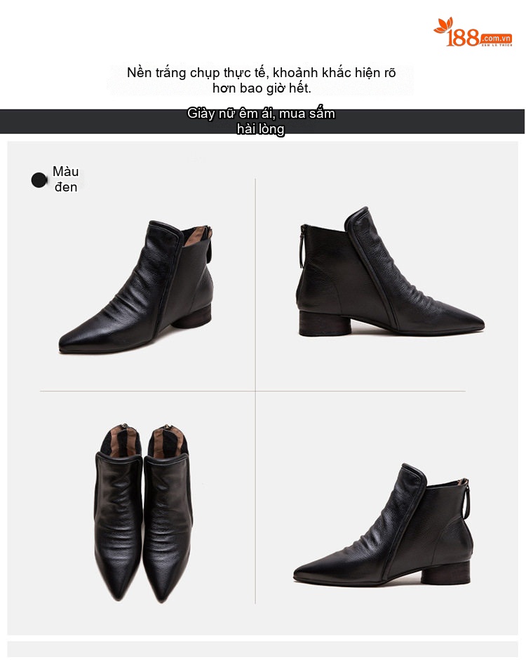 Boot Nữ Da Bóng Cổ Lửng Gót Vuông Chiều Cao Đế Khoảng 3cm Phong Cách Retro Màu Đen, Nâu Đỏ chi tiết 18
