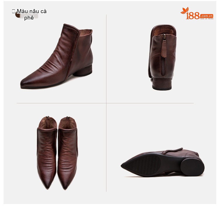 Boot Nữ Da Bóng Cổ Lửng Gót Vuông Chiều Cao Đế Khoảng 3cm Phong Cách Retro Màu Đen, Nâu Đỏ chi tiết 19