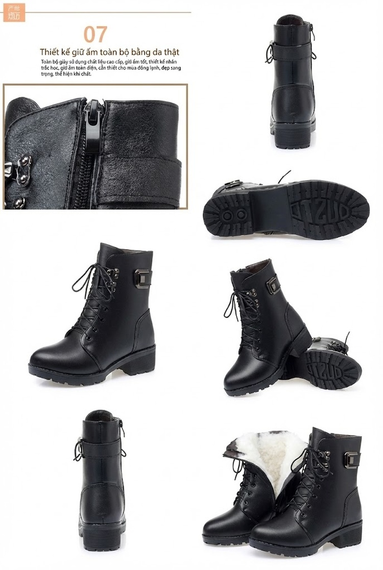 Boot Nữ Da Bóng Cổ Lửng Lót Lông Chiều Cao Đế Khoảng 4cm Màu Đen chi tiết 2