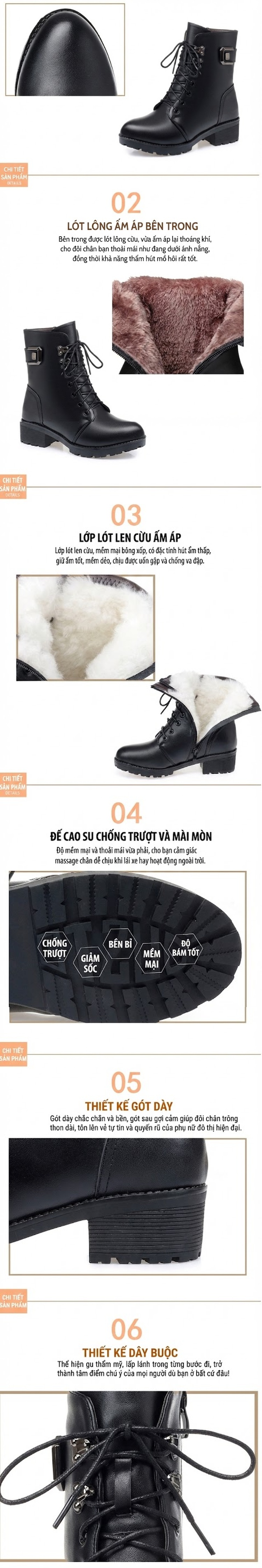 Boot Nữ Da Bóng Cổ Lửng Lót Lông Chiều Cao Đế Khoảng 4cm Màu Đen chi tiết 1