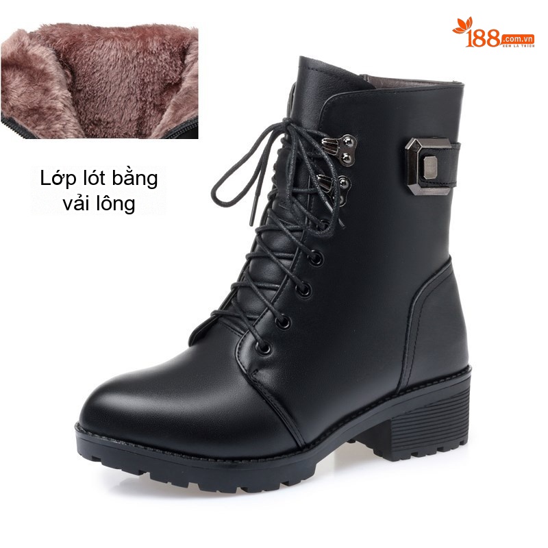 Boot Nữ Da Bóng Cổ Lửng Lót Lông Chiều Cao Đế Khoảng 4cm Màu Đen