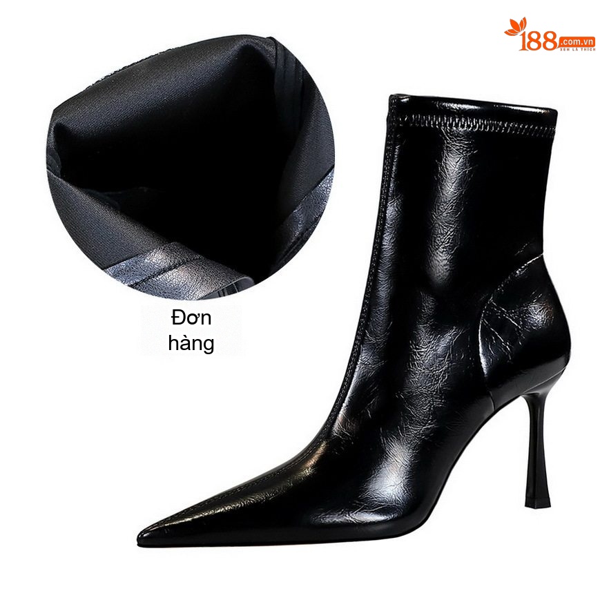 Boot Nữ Da Bóng Cổ Ngắn Gót Nhọn Chiều Cao Đế Khoảng 8cm Màu Đen, Nâu