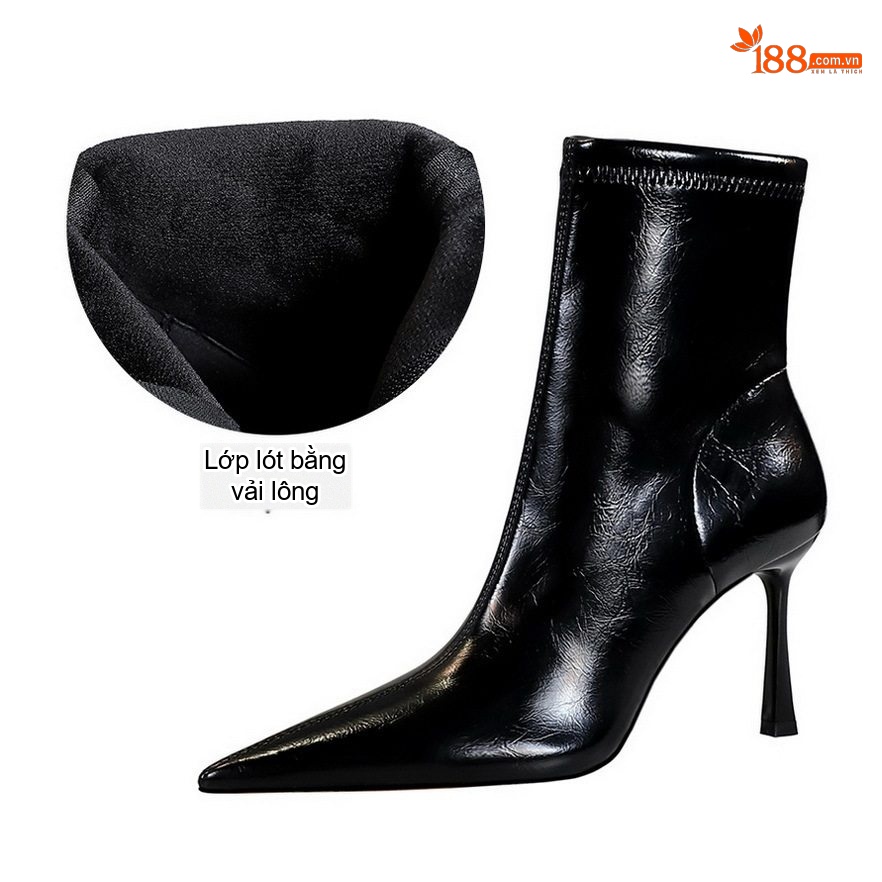 Boot Nữ Da Bóng Cổ Ngắn Gót Nhọn Chiều Cao Đế Khoảng 8cm Màu Đen, Nâu