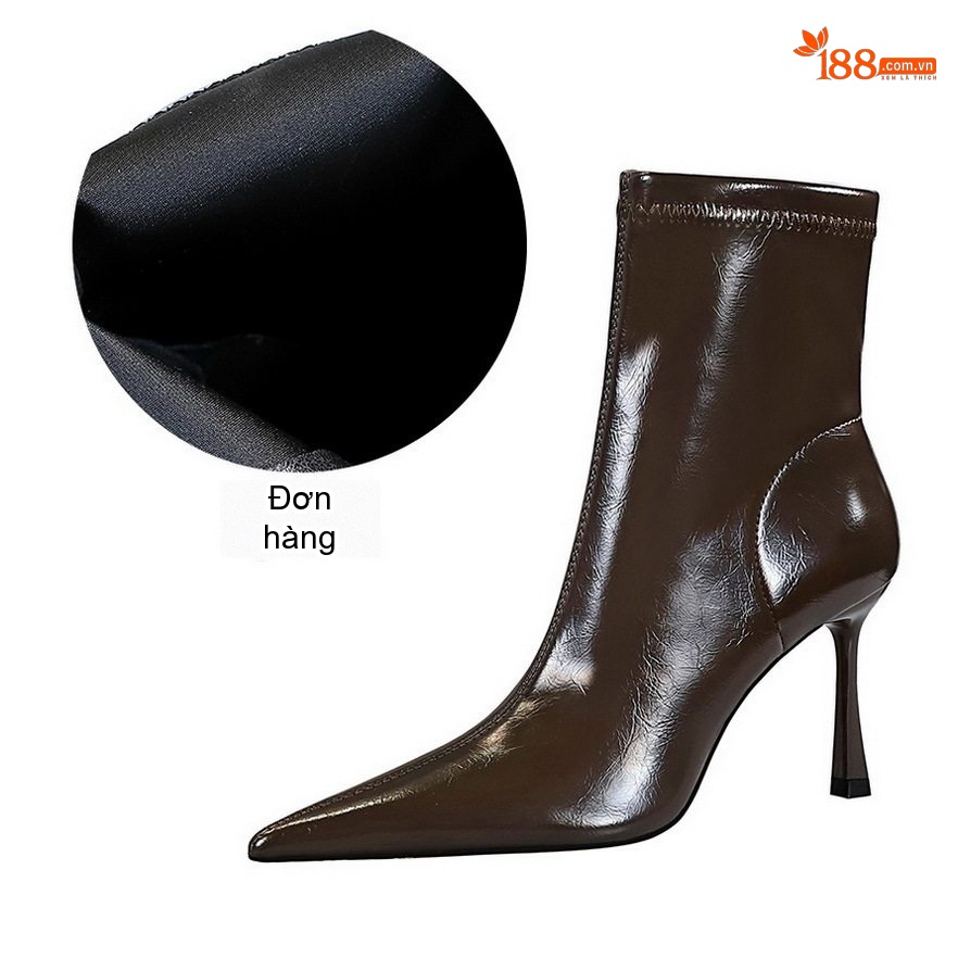 Boot Nữ Da Bóng Cổ Ngắn Gót Nhọn Chiều Cao Đế Khoảng 8cm Màu Đen, Nâu