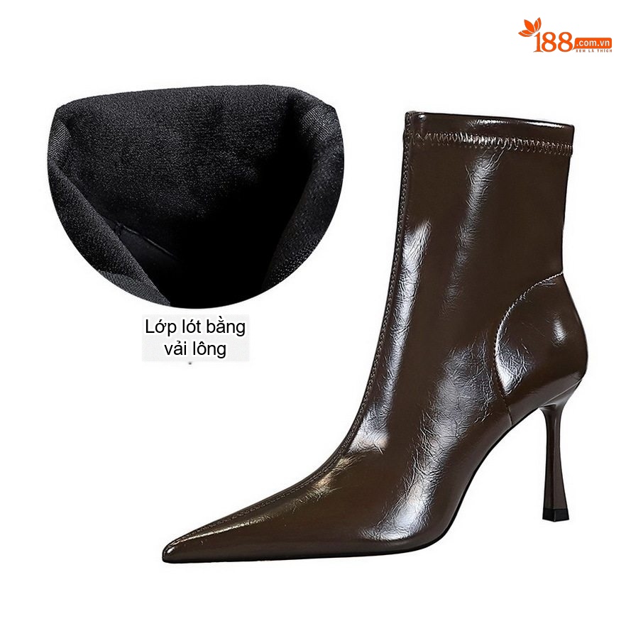 Boot Nữ Da Bóng Cổ Ngắn Gót Nhọn Chiều Cao Đế Khoảng 8cm Màu Đen, Nâu