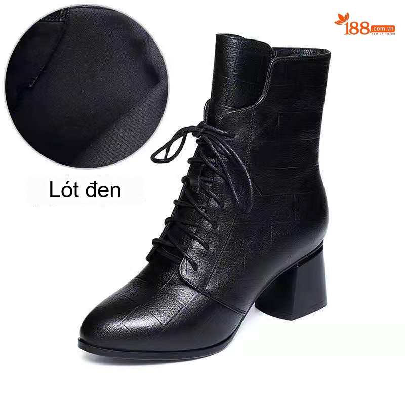 Boot Nữ Da Bóng Cổ Ngắn Gót Vuông Chiều Cao Đế Khoảng 5cm Dây Buộc Mũi Nhọn Phong Cách Anh Quốc Màu Đen