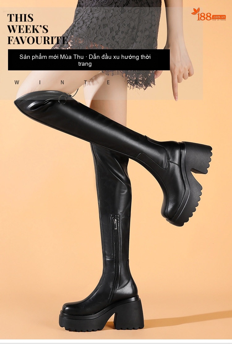 Boot Nữ Da Bóng Dáng Ôm Chân Cổ Cao Gót Trụ Chiều Cao Đế 10cm Màu Đen chi tiết 1